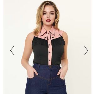 Unique Vintage Black & Pink Western Prairie Girl Blouse NWT